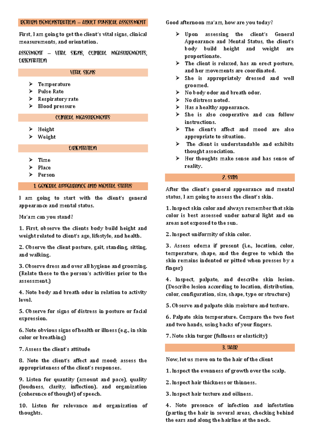 5TH Return Demonstration Script: Adult Physical Assessment Techniques ...