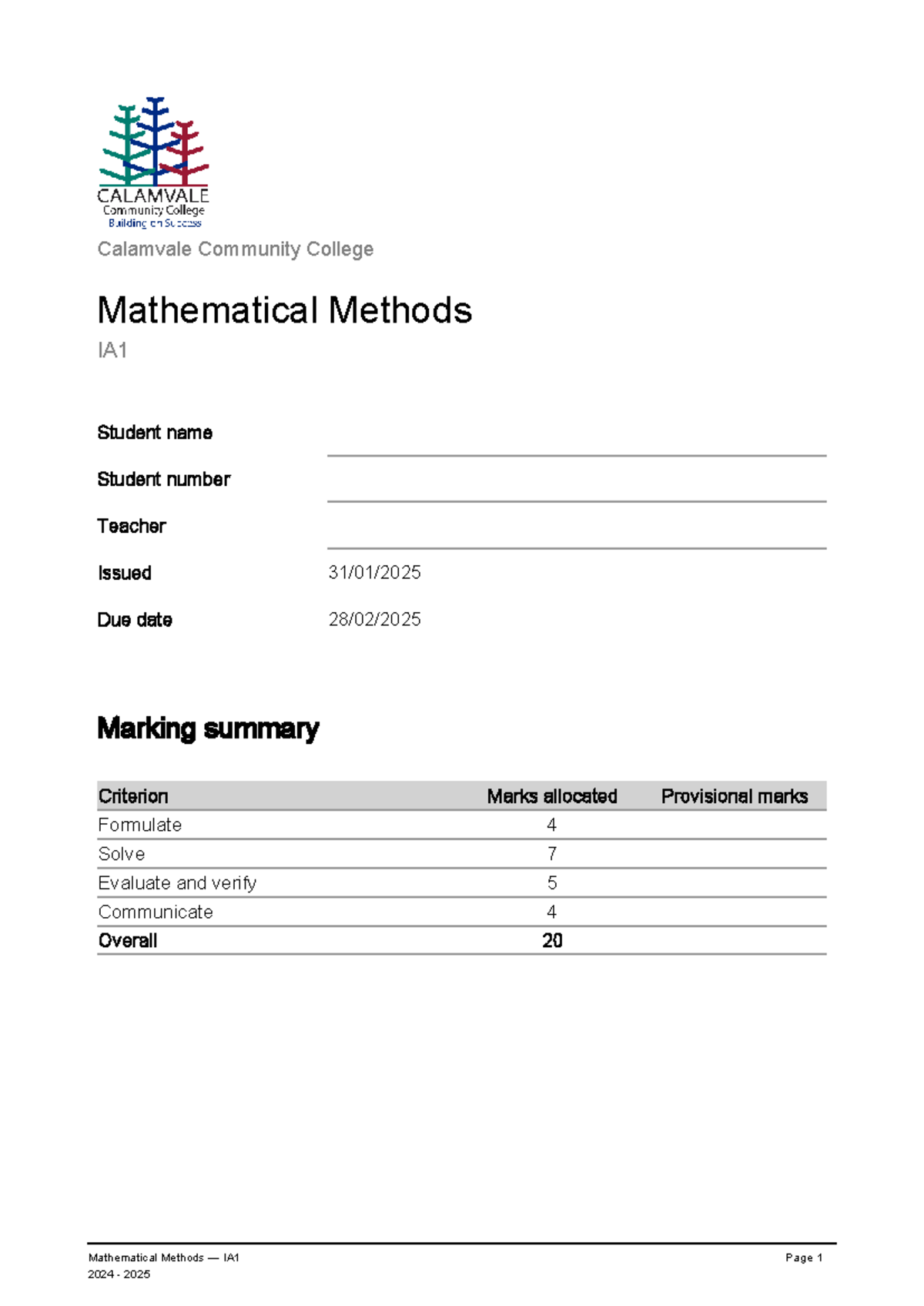 Year 12 Mathematical Methods IA1 2025 - Mathematical Methods — IA1 Page ...