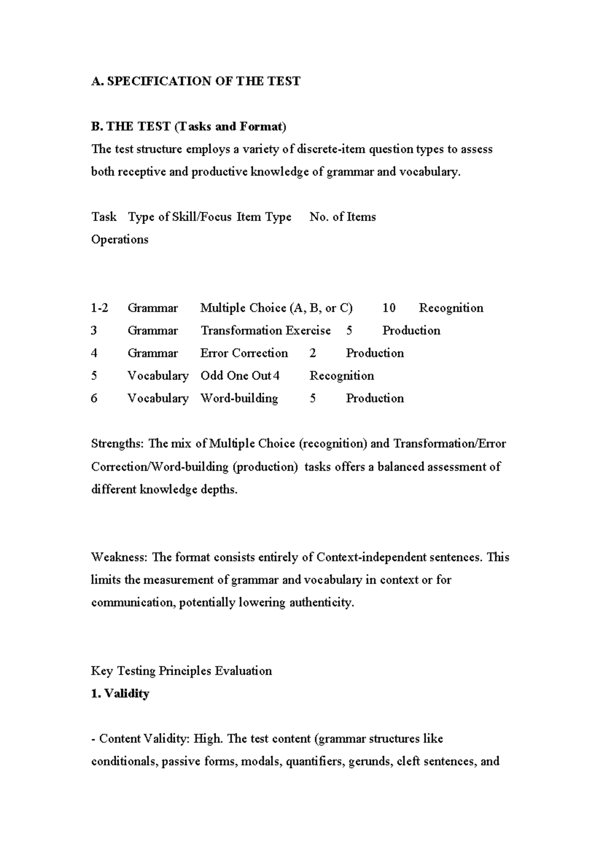 Test Specification and Structure: Grammar & Vocabulary Assessment - Studocu