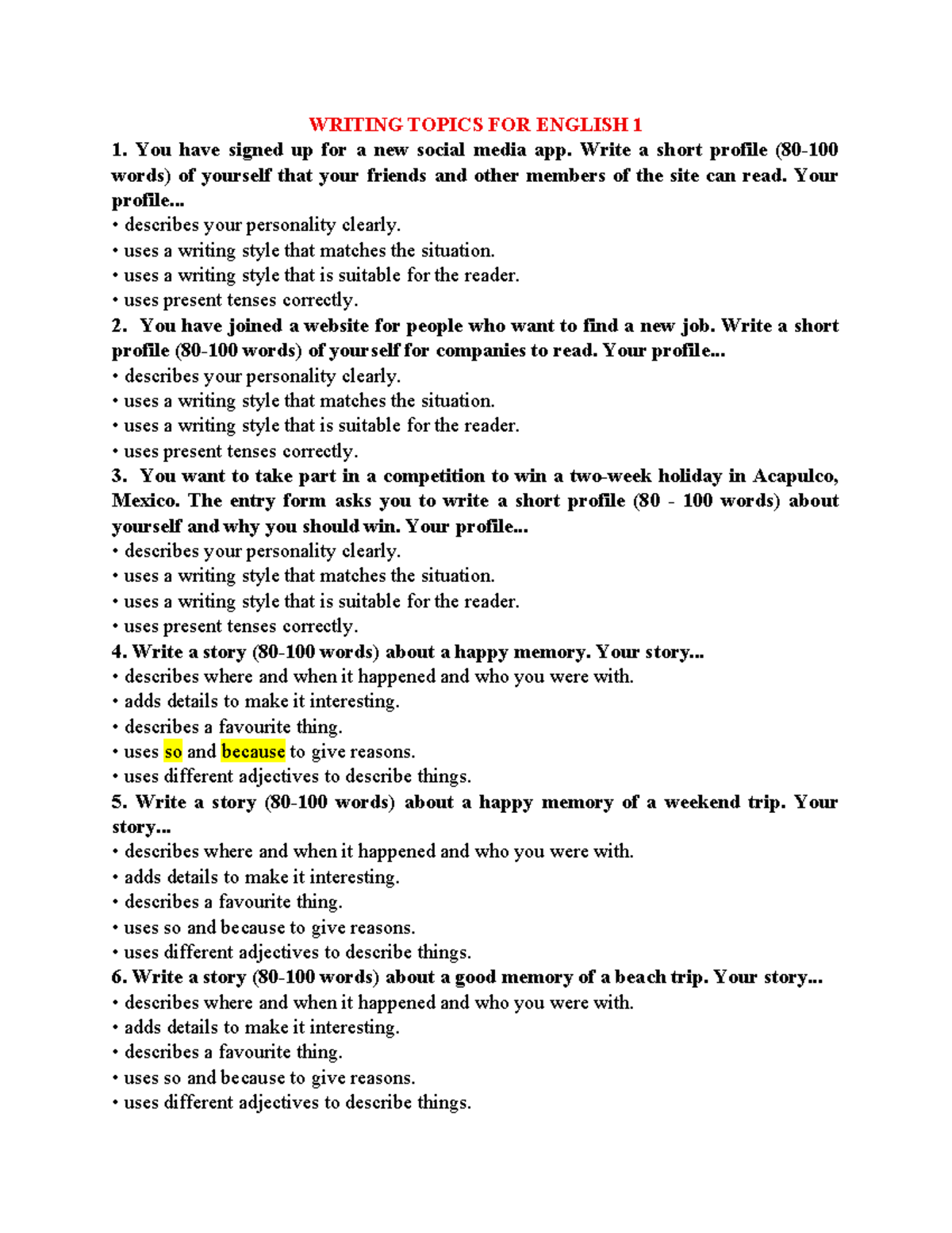 English 1 Writing Topics: Profiles and Stories - Studocu
