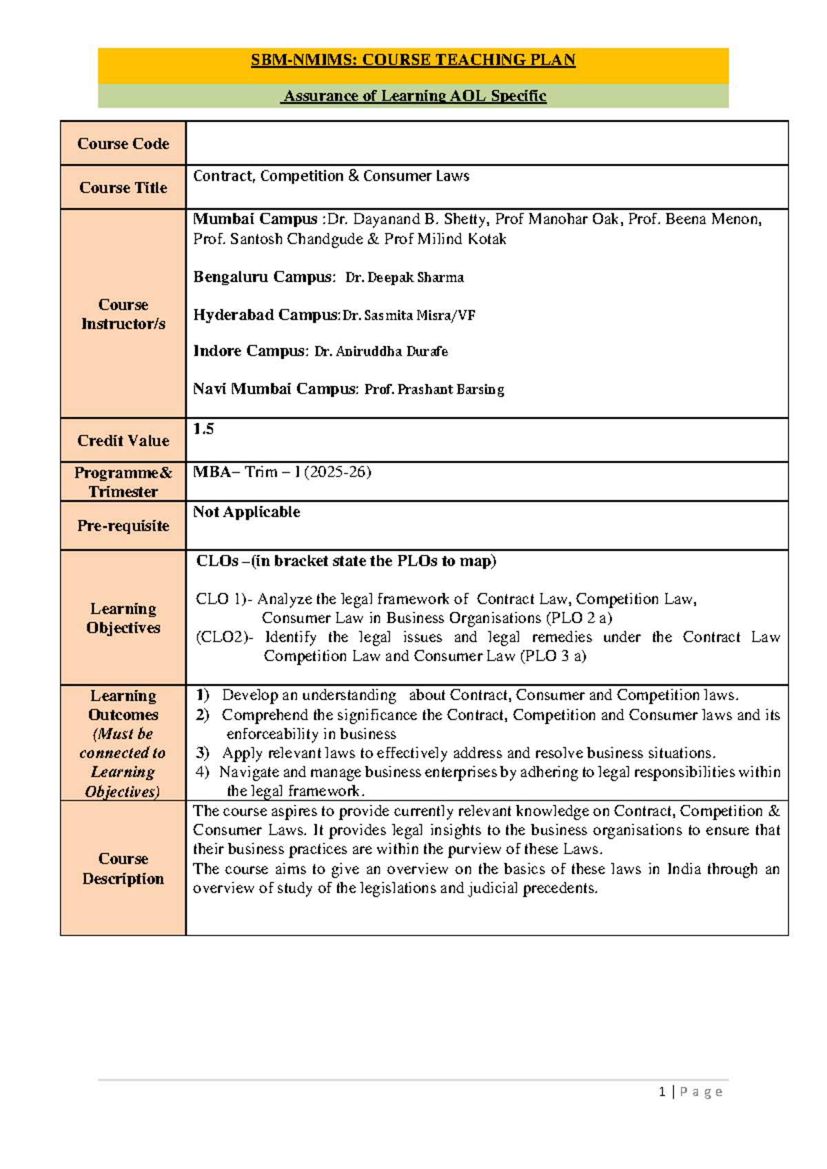 Contract, Competition & Consumer Law - Course Teaching Plan (MBA Trim I ...