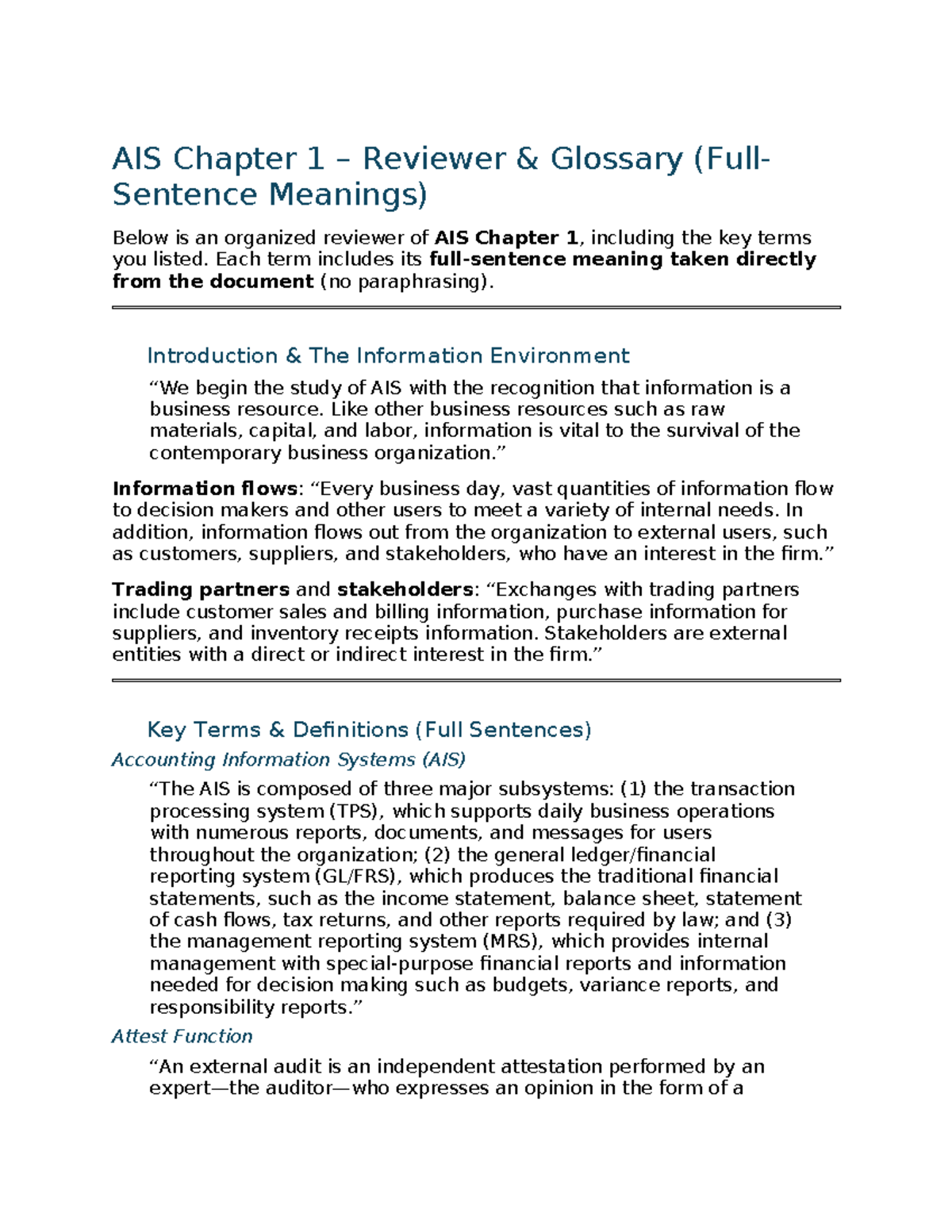 AIS Ch1 Reviewer: Key Terms & Definitions Explained - Studocu