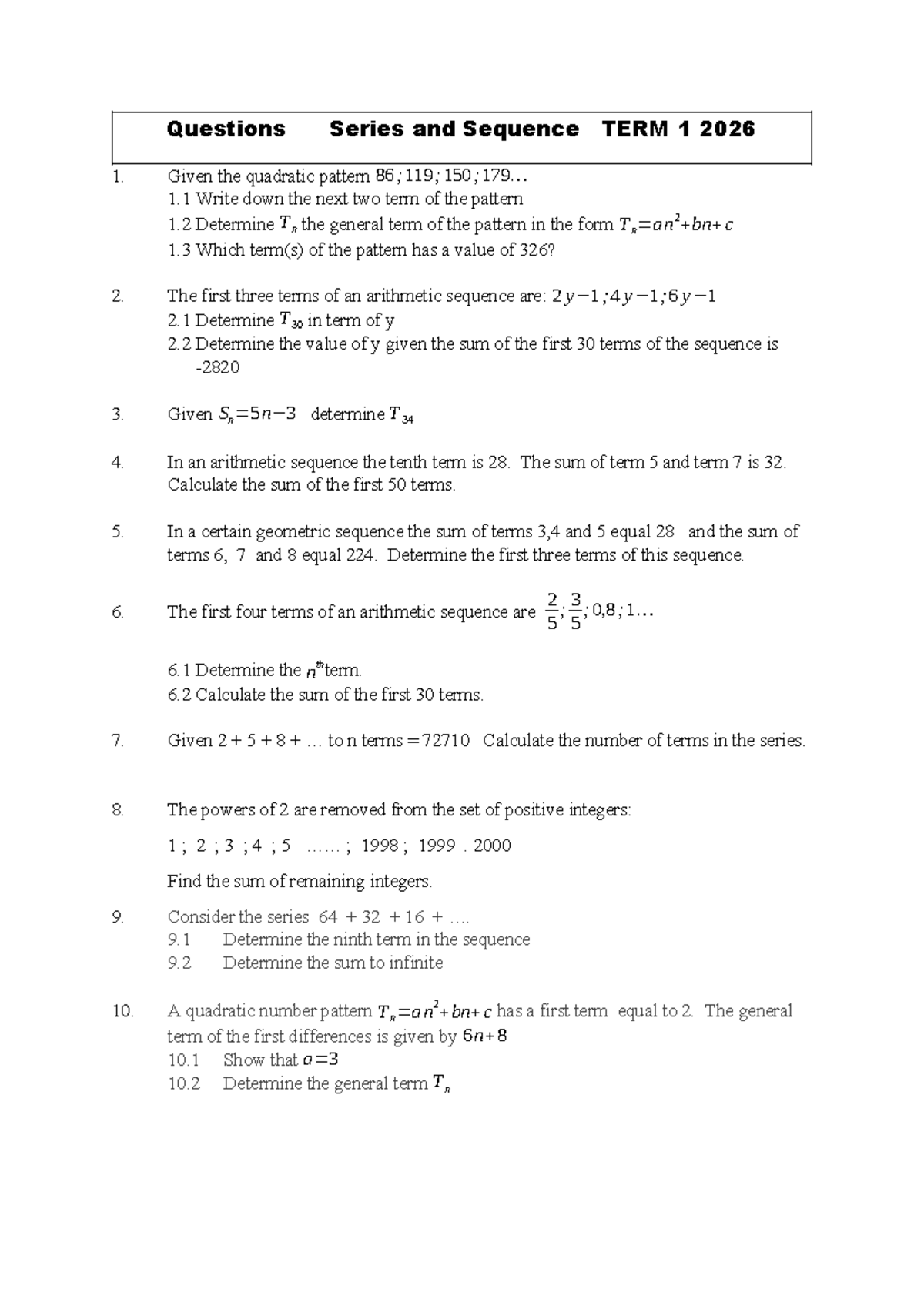 Questions on Sequences & Series - TERM 1 2026 - Studocu