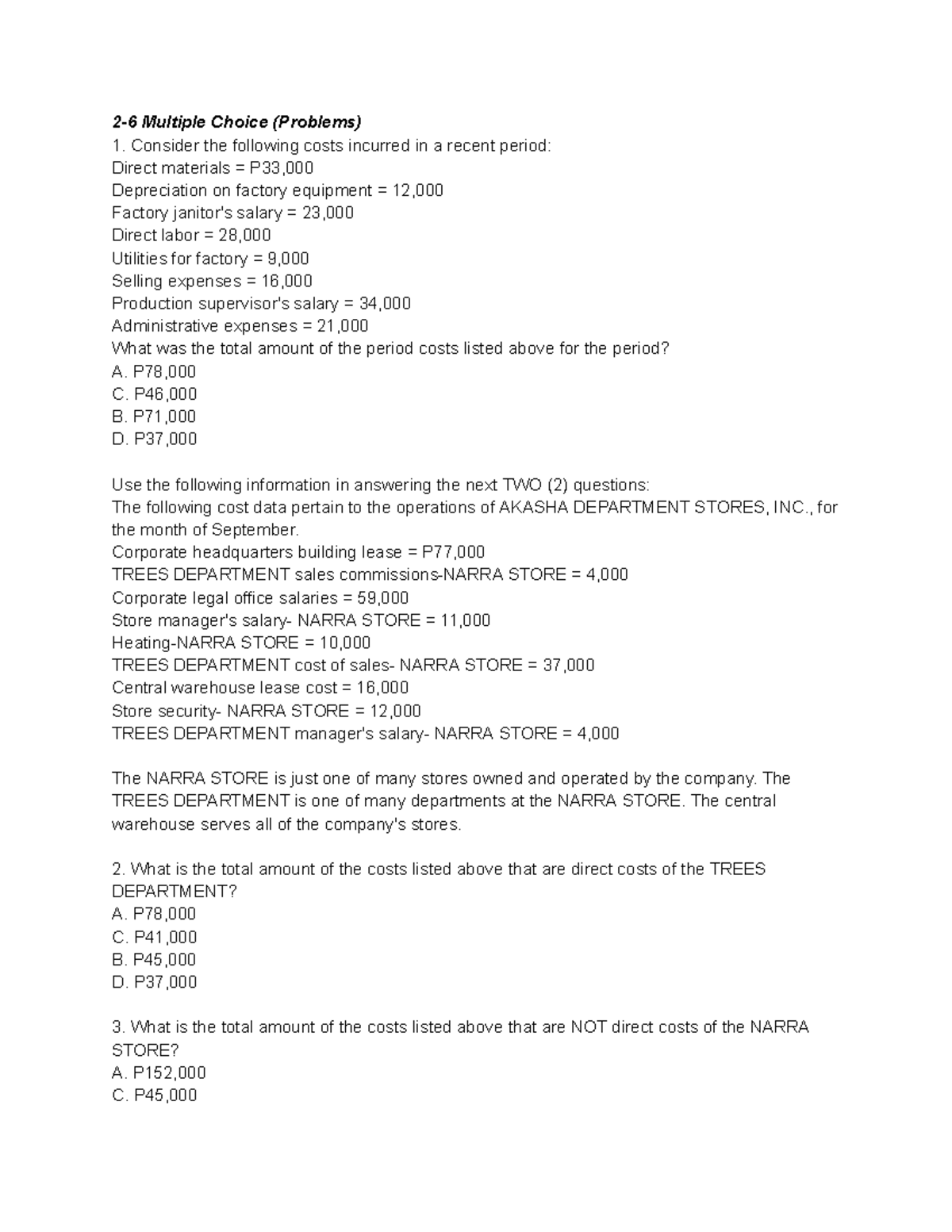 Multiple Choice Questions on Cost Analysis and Management - Studocu