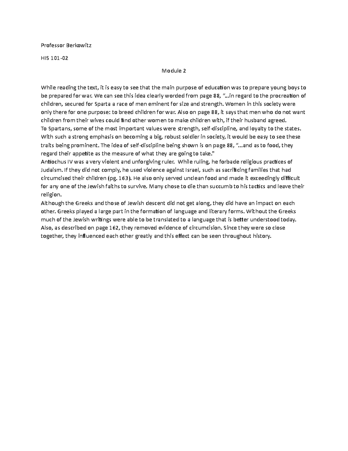 HIS 101 - Module 2 Writing Assignment: Education and Warfare in Sparta ...