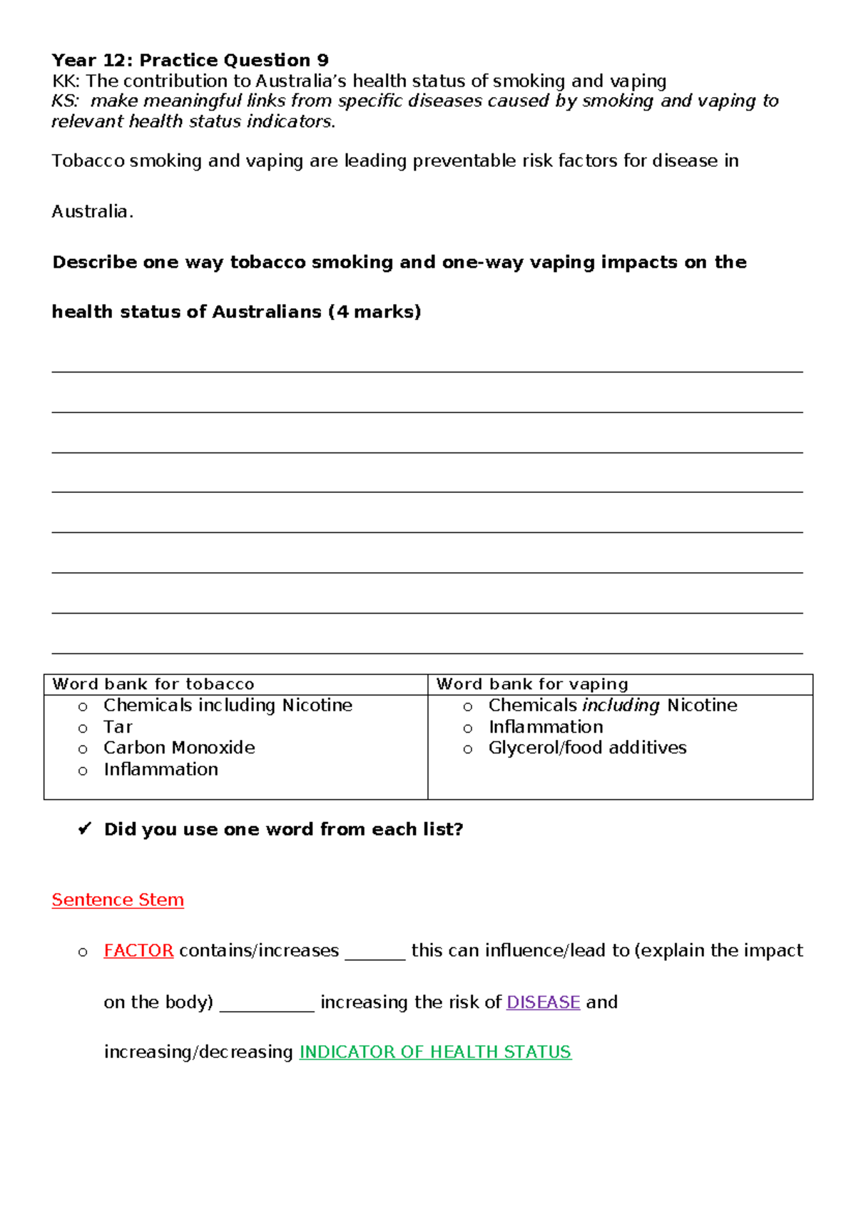 Year 12: Practice Question 9 KK - Impact of Smoking & Vaping on Health ...