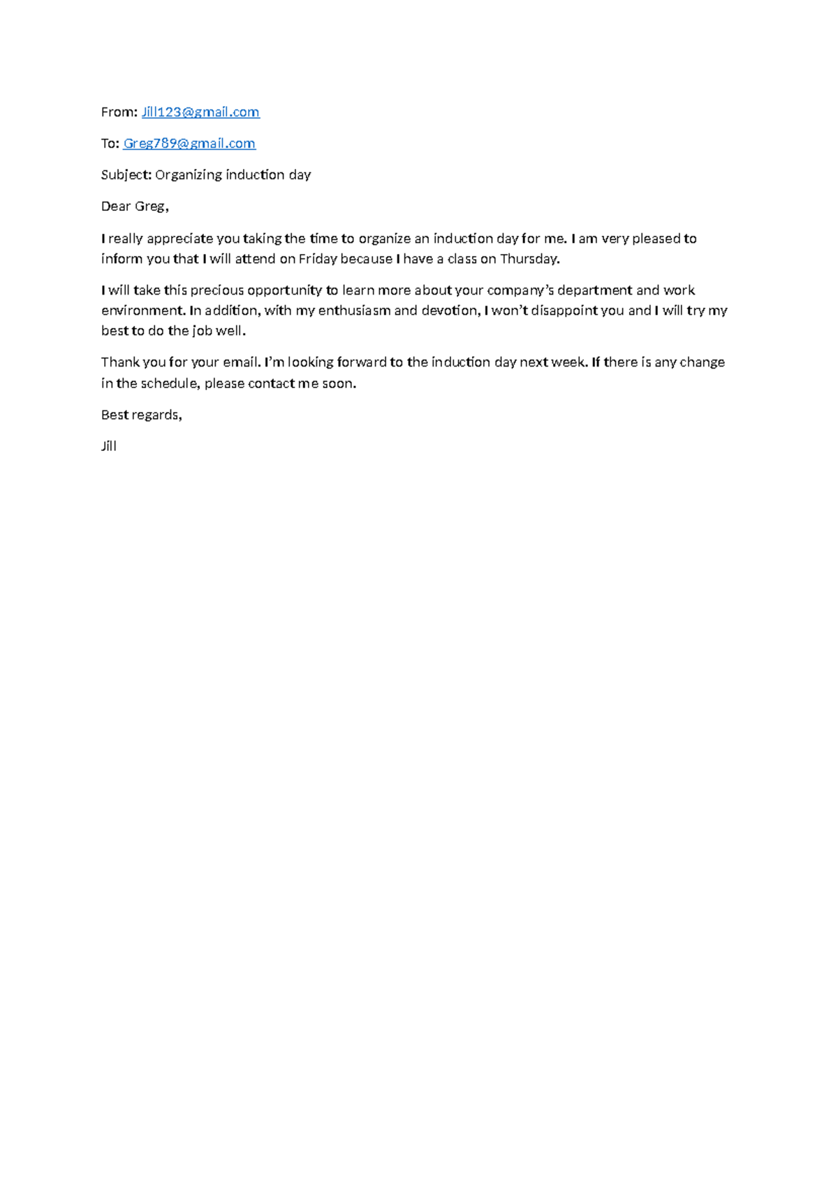 Induction Day Confirmation Email for Greg - Studocu