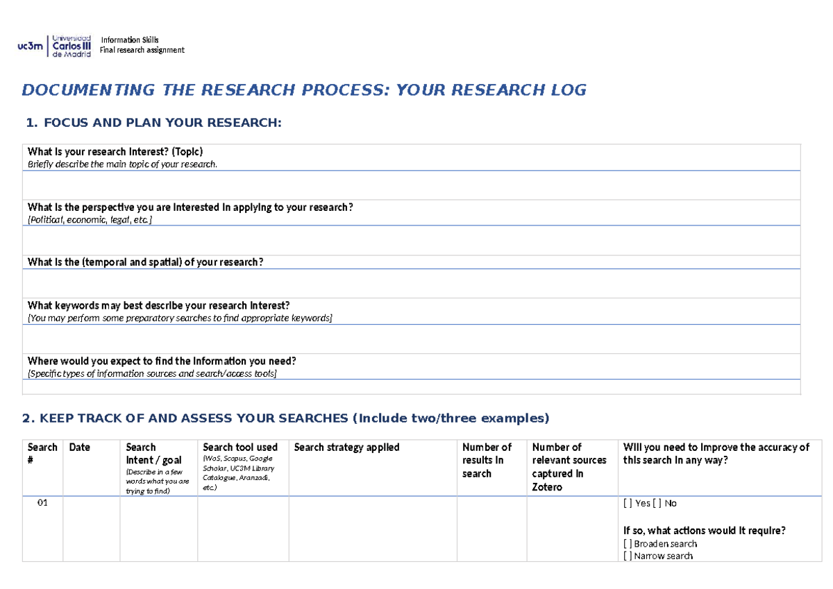 Information Skills (Final) Research Log: Documenting Your Process - Studocu
