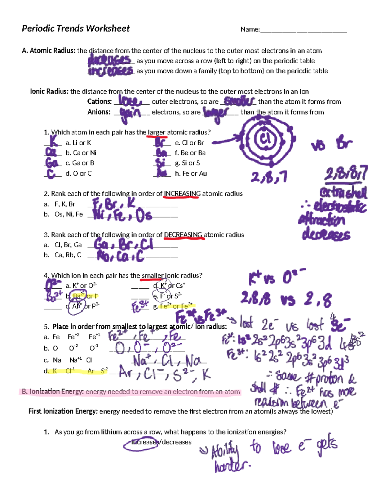 Periodic Trends Worksheet A: Atomic Radius, Ionization Energy & - Studocu