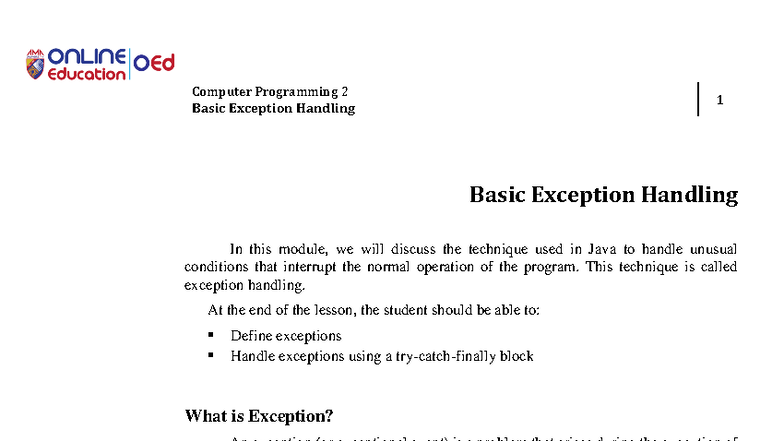 Computer Programming 2: W13 Module on Basic Exception Handling - Studocu