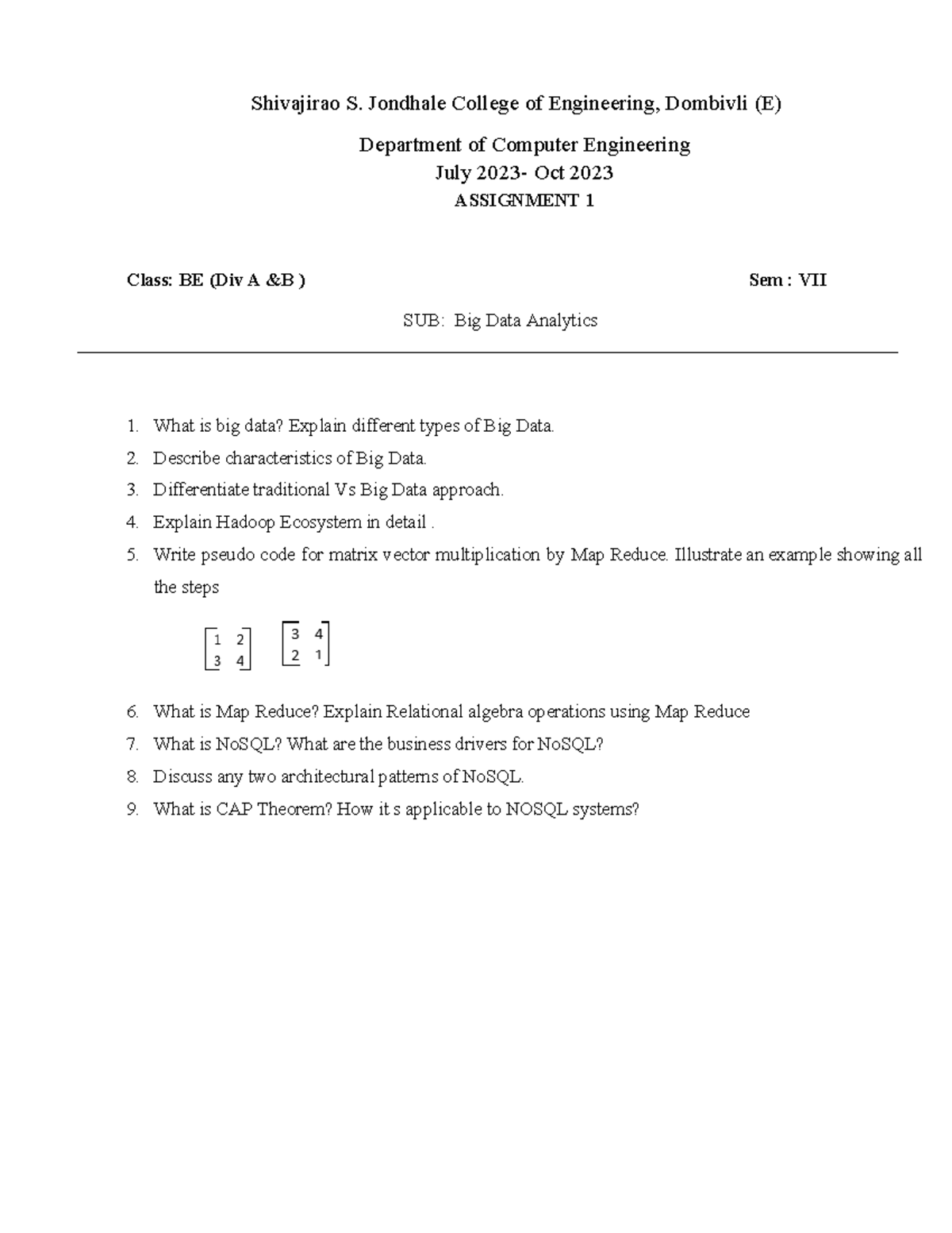 Big Data Analytics (BE Div A Sem VII) - Assignment 1 - Studocu