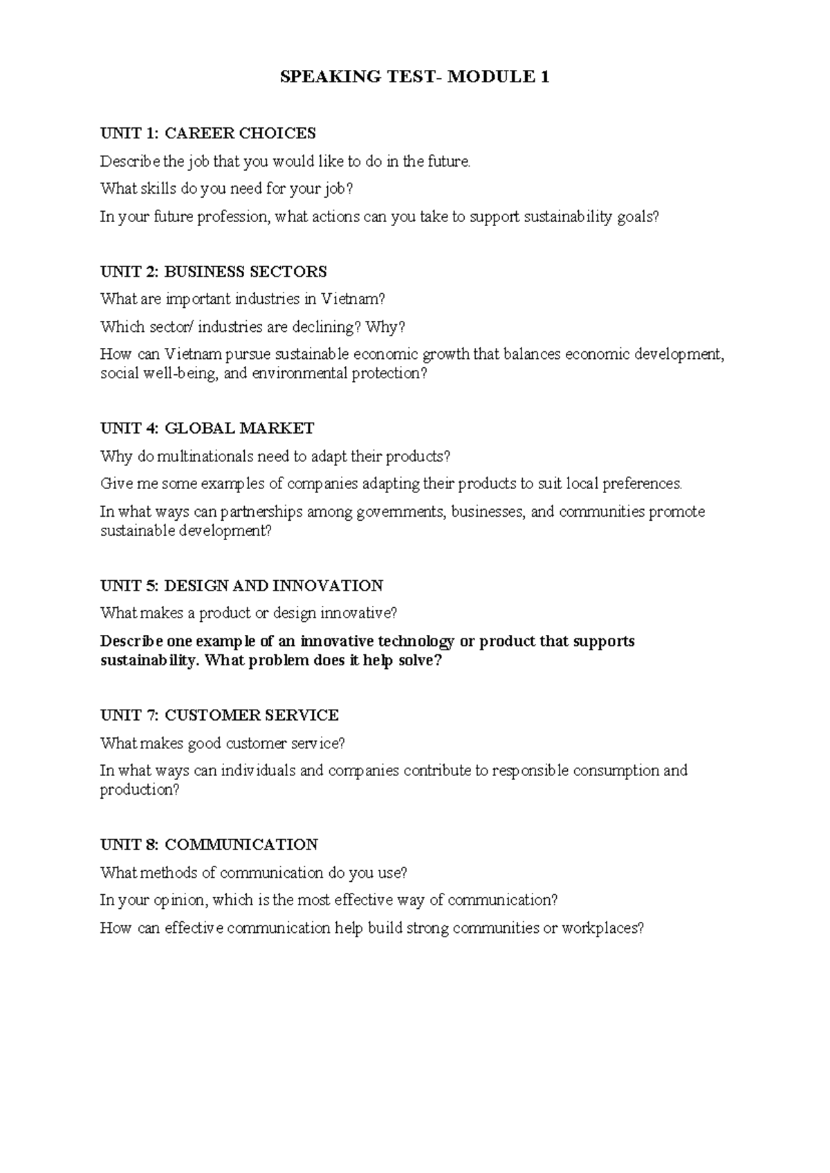 SPEAKING MODULE 1: CAREER CHOICES & BUSINESS SECTORS Insights - Studocu