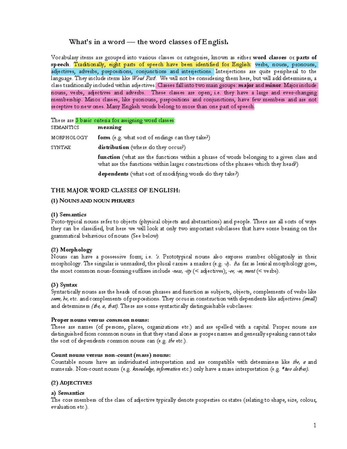 Word Classes: An Overview of Semantics and Syntax (Sem 3 Handout) - Studocu