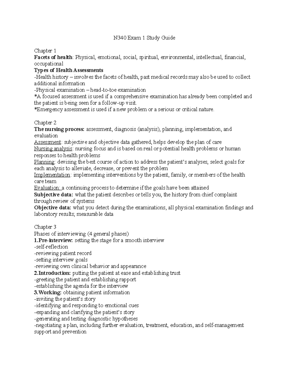 N340 Exam 1 Comprehensive Study Guide on Health Assessment - Studocu