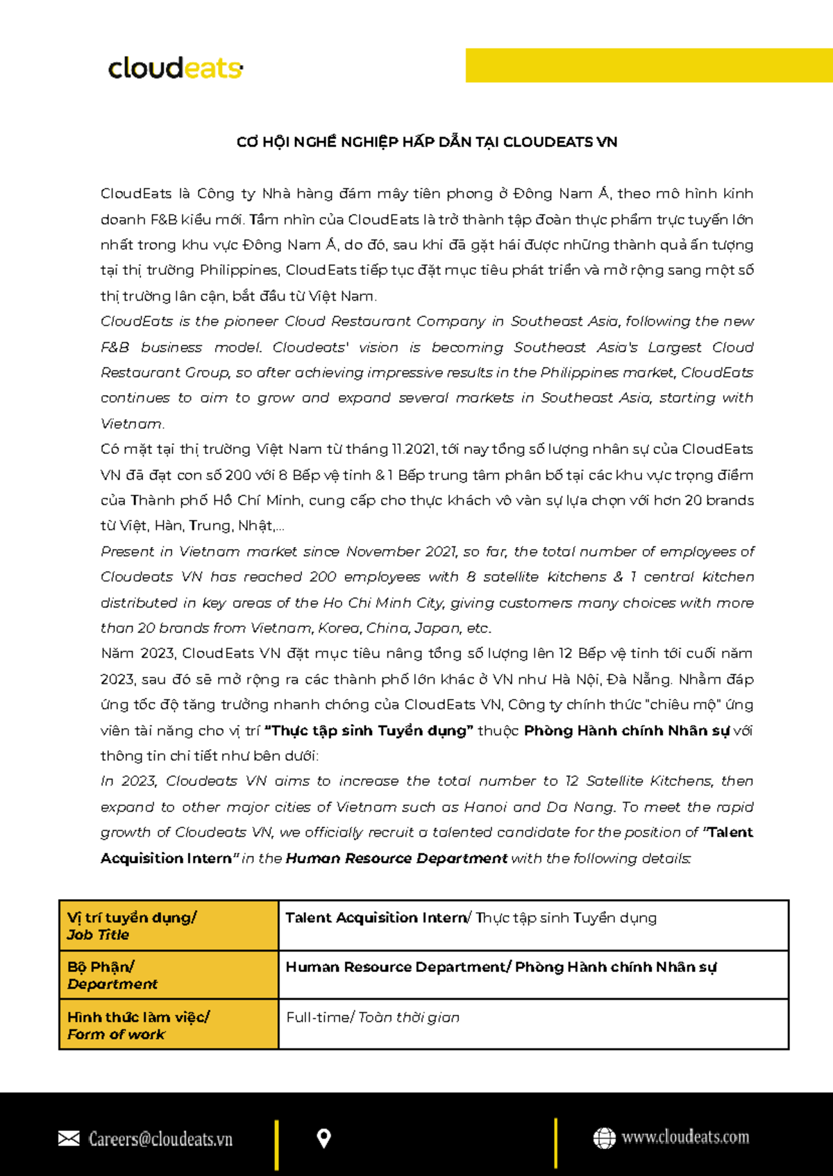 JD HR Talent Acquisition Intern 2024 - CloudEats VN Recruitment - Studocu