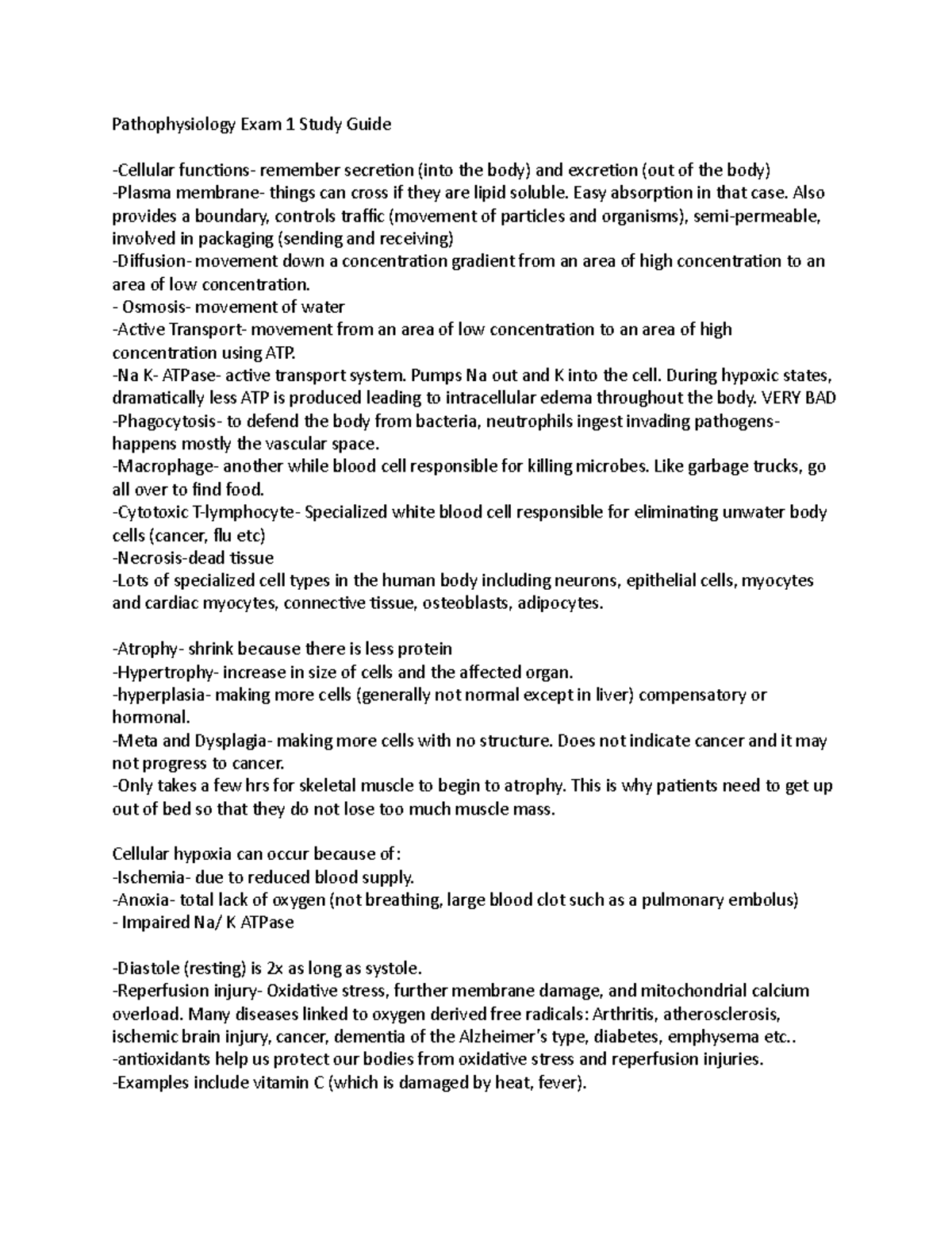 Pathophysiology Exam 1 Comprehensive Study Guide - Studocu