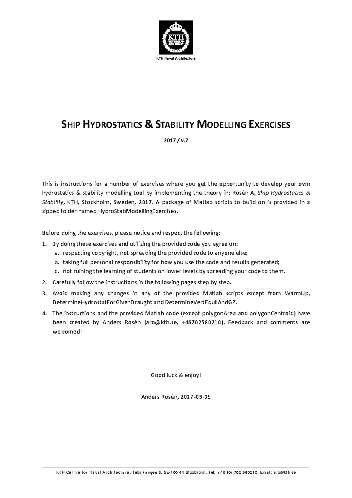 KTH Naval Architecture SHIP HYDROSTATICS & STABILITY EXERCISES v.7 ...