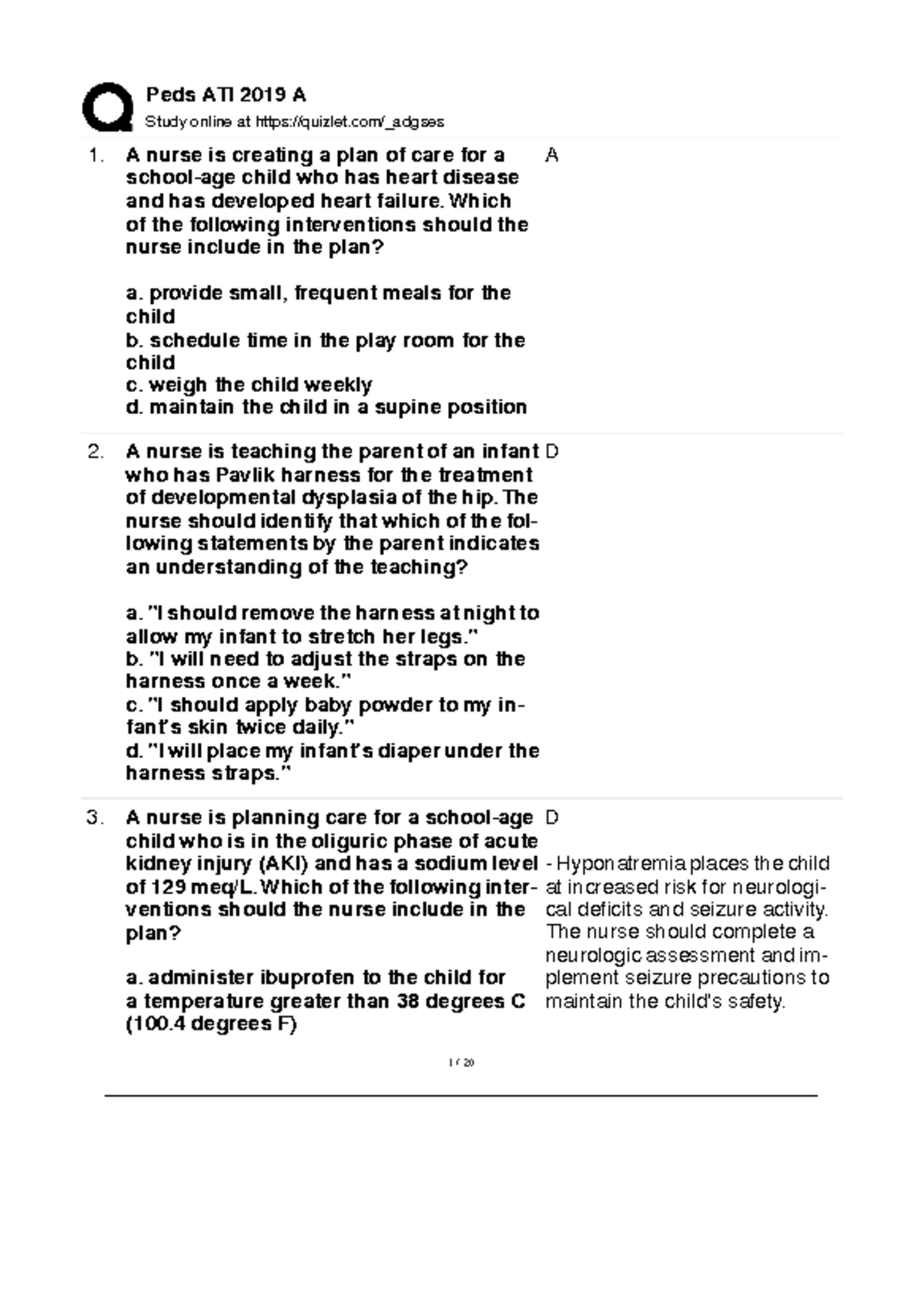 RN Quizlet: Nursing Care for Pediatric Patients and Interventions - Studocu
