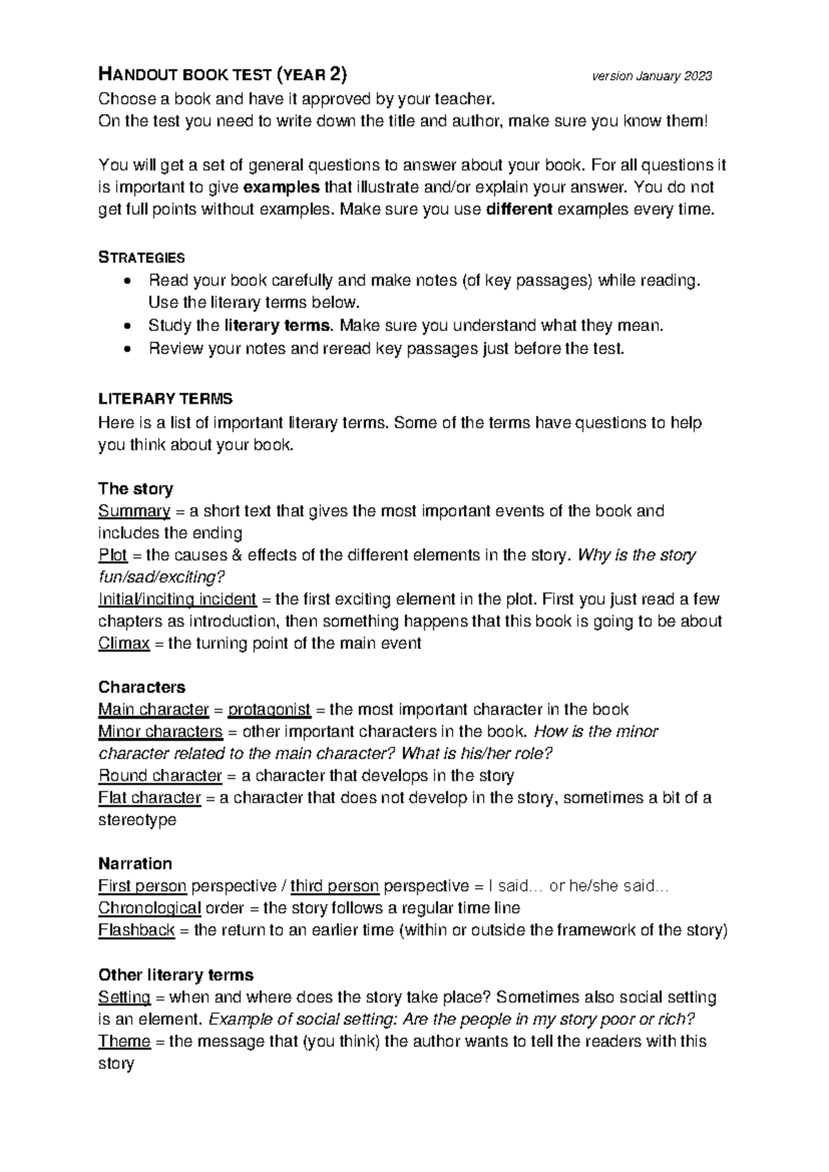 Year 2 Book Test Prep Handout: Strategies & Literary Terms Guide ...