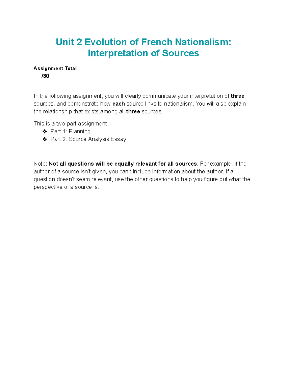 Unit 2 Source Analysis: French Nationalism Interpretation Assignment ...