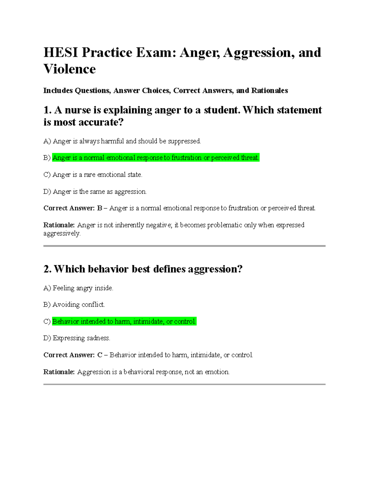 HESI Practice Exam: Understanding Anger, Aggression, and Violence - Studocu