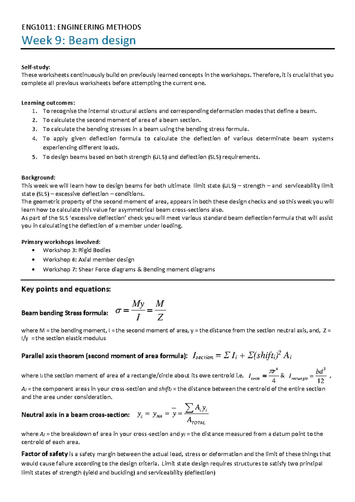 ENG1011: Beam Design Workshop Practice Questions W9 S1 2023 - Studocu