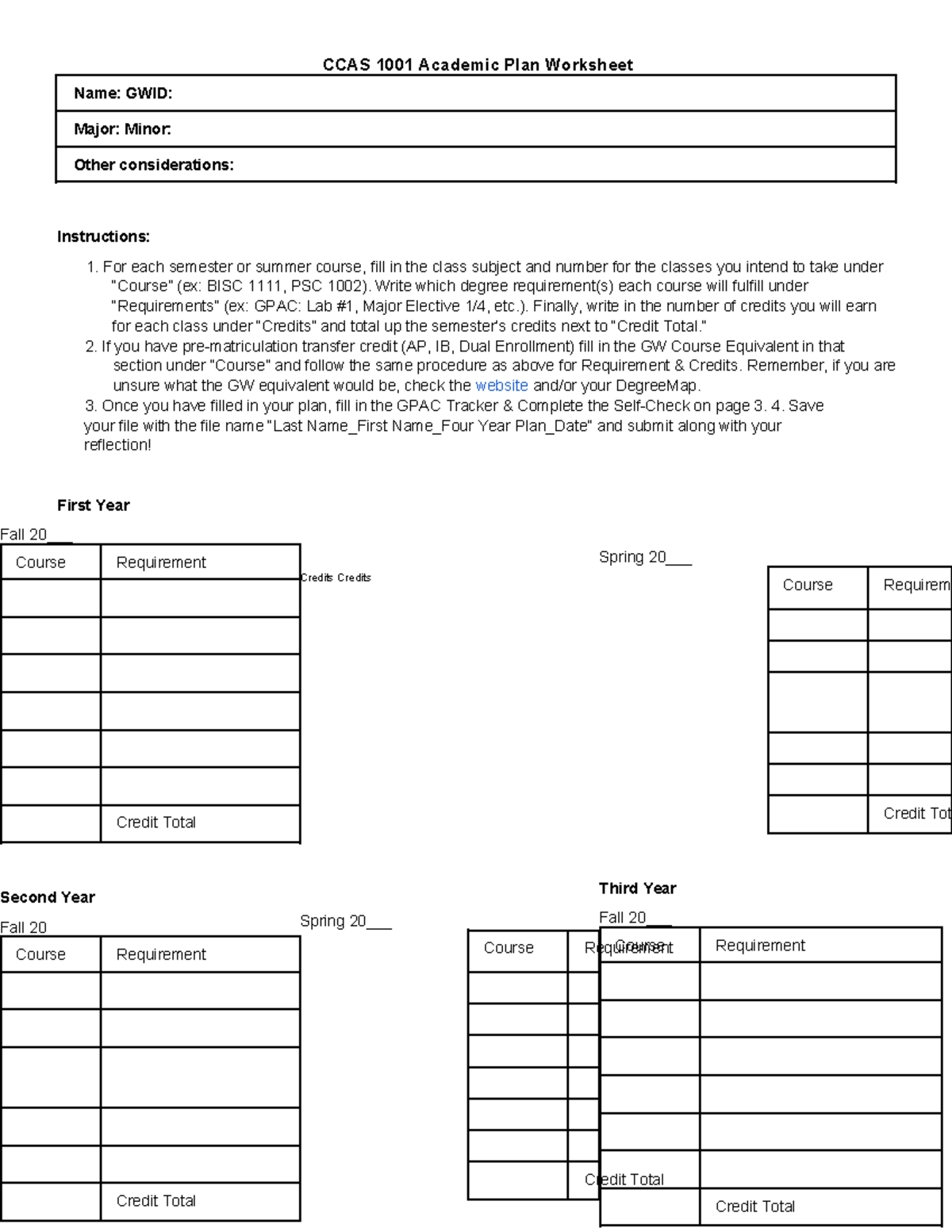 CCAS 1001 Academic Plan Worksheet and Credit Tracker Guide - Studocu