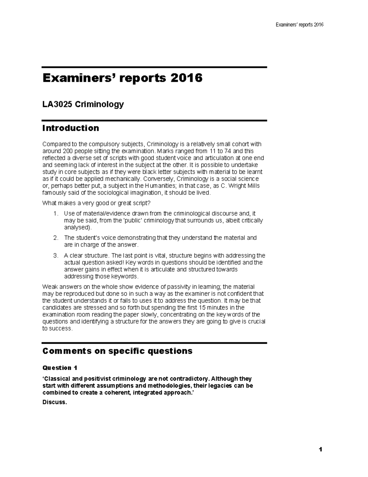 LA3025 Criminology Exam Report Analysis - 2016 Insights - Studocu