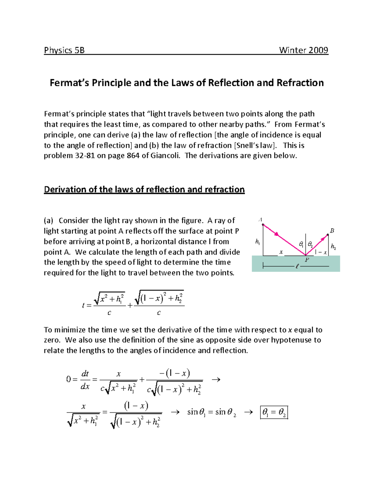 Physics 5B Winter 2009: Reflection & Refraction Laws Explained - Studocu