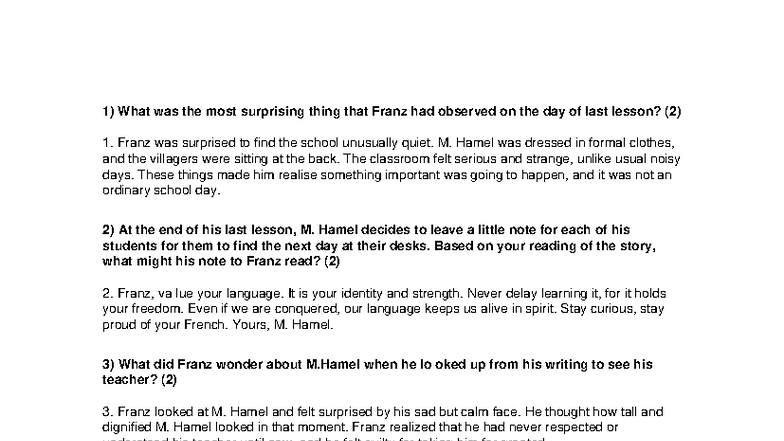 The Last Lesson (1) - Key Questions and Answers on Language and ...