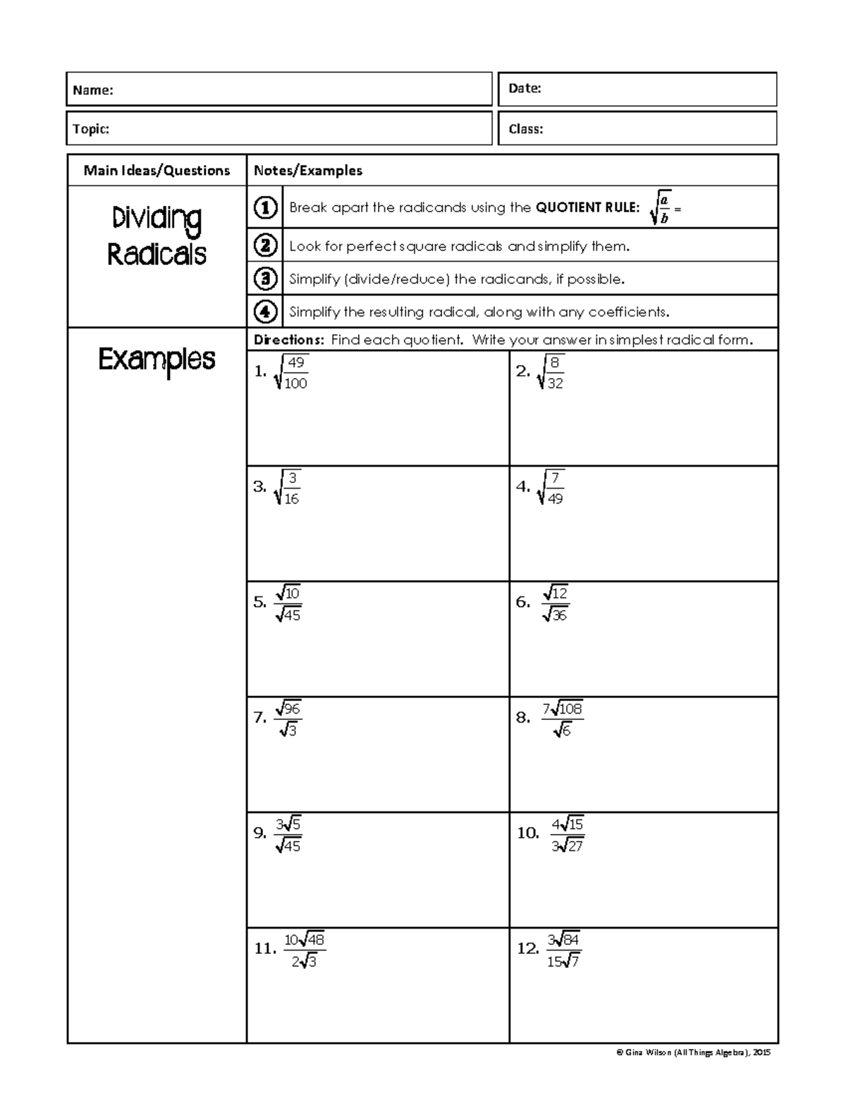 Algebra 2 Worksheets Radical Functions Worksheets