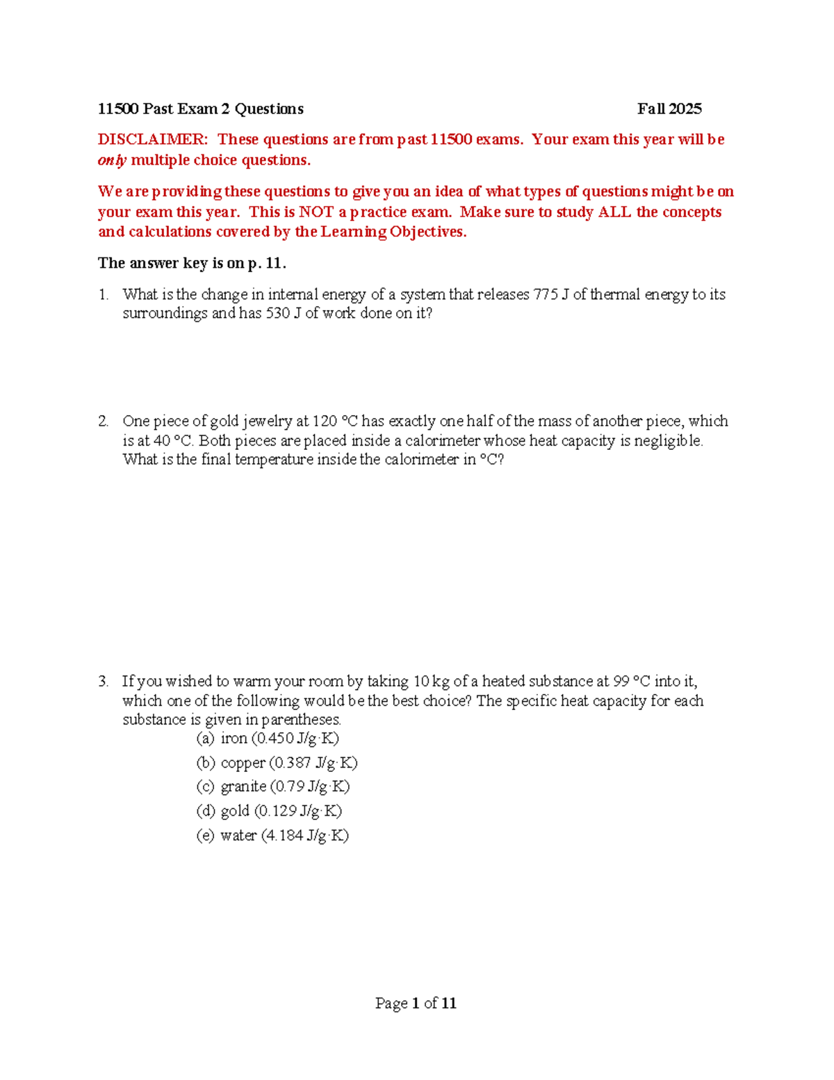 Past Exam Questions for 11500 Exam 2 - Fall 2025 - Studocu