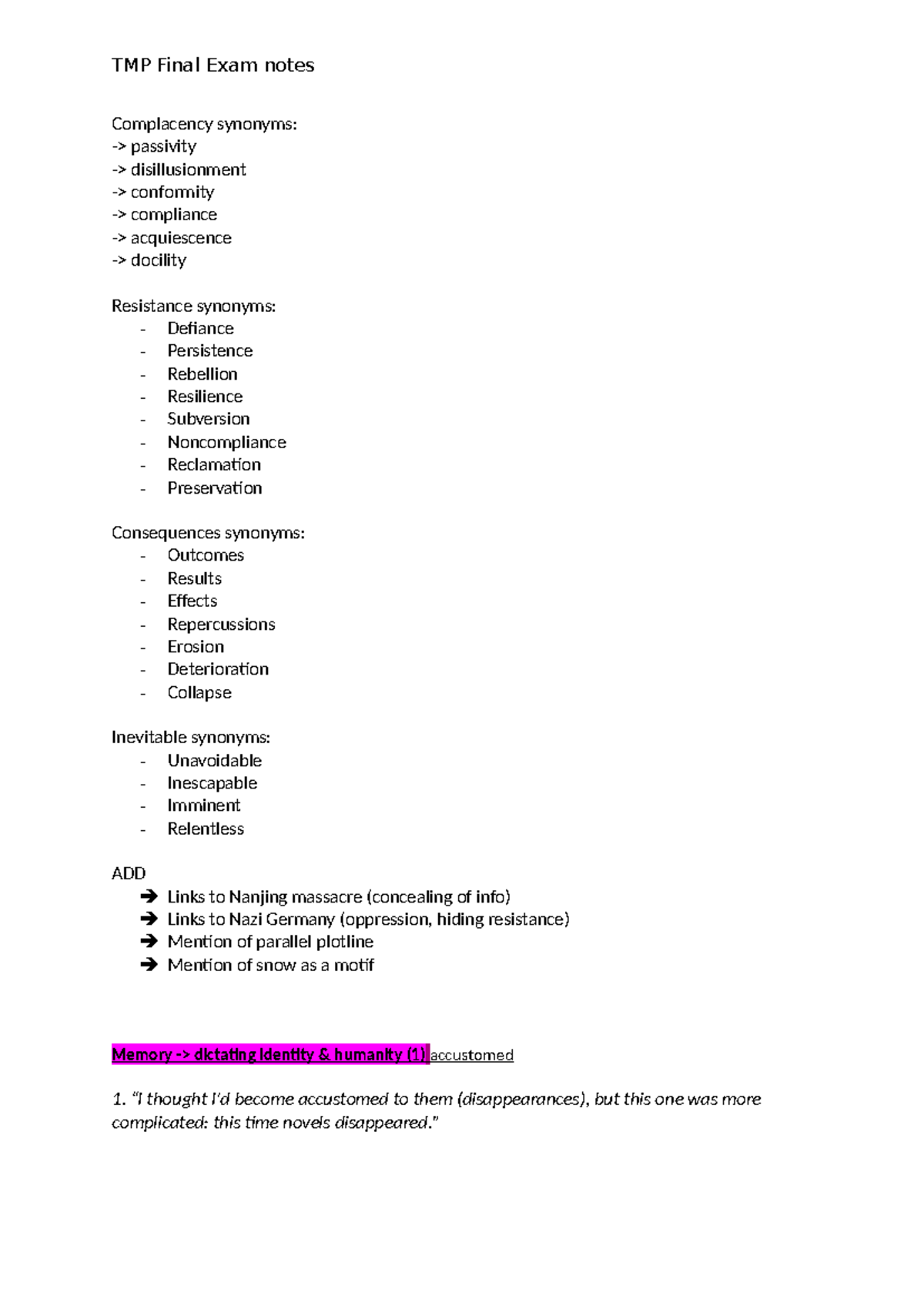 TMP Final Exam Notes: Memory, Identity, and Resistance in The Memory ...