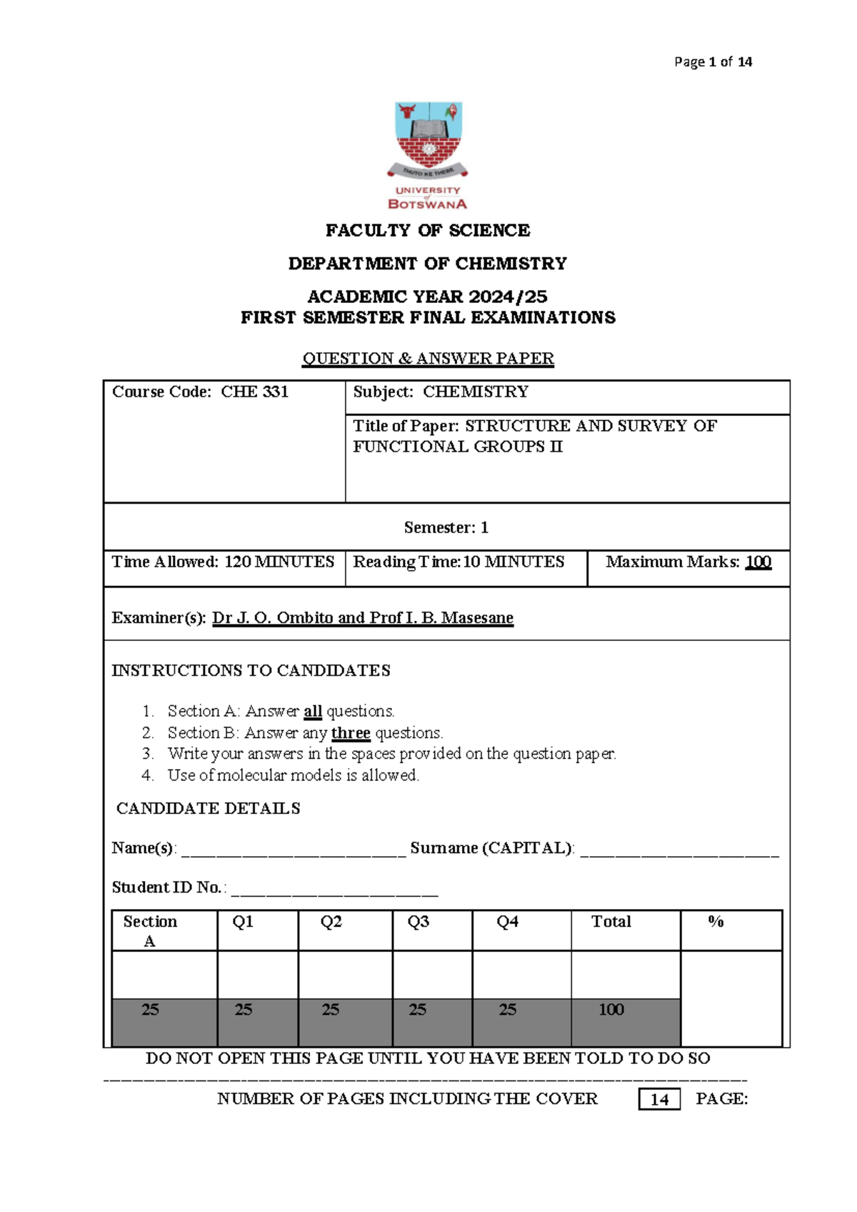 CHE 331 Final Exam 2024-25: Structure & Functional Groups II - Studocu