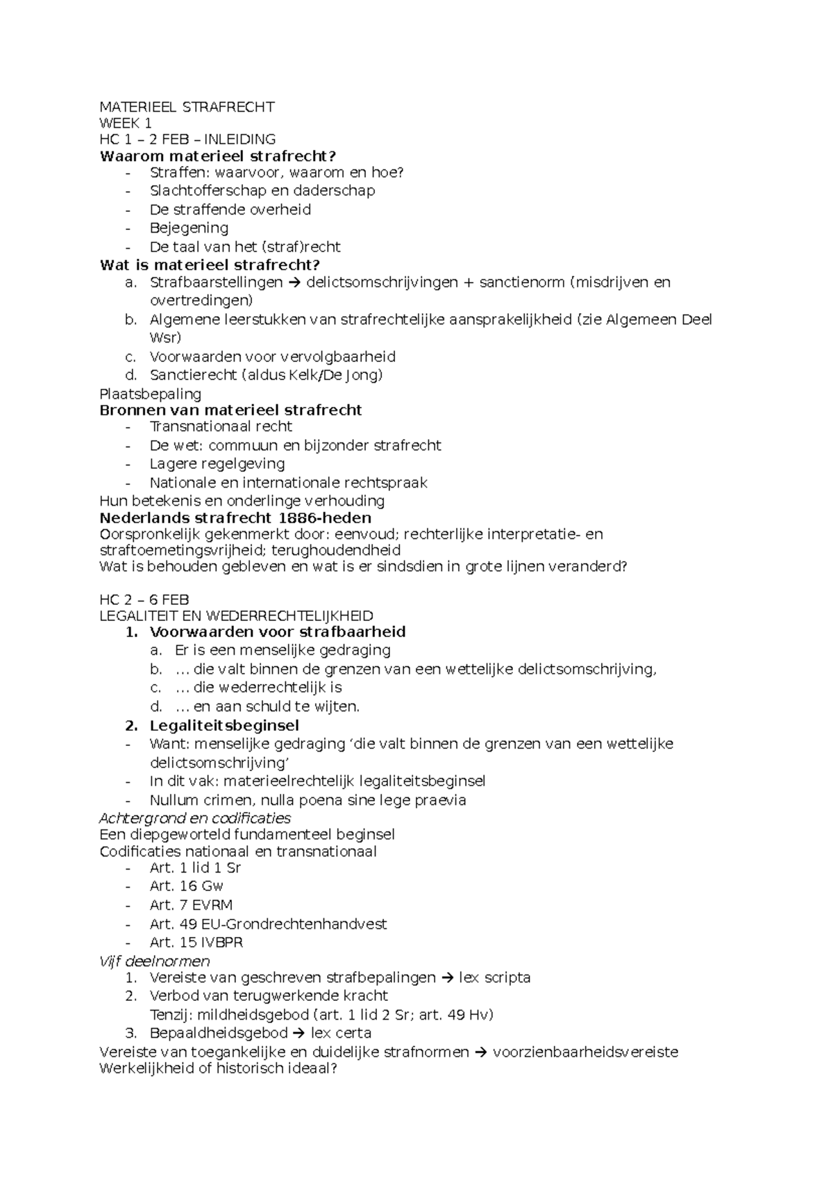 Materieel Strafrecht HC 1-6: Inleiding, Legaliteit en Causaliteit ...