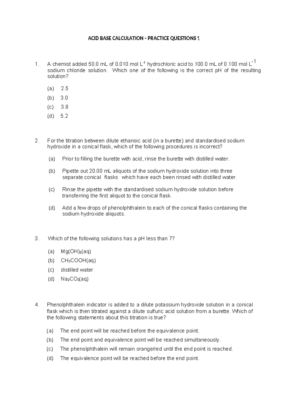 ACID BASE CALCULATION PRACTICE QUESTIONS (CHEM 101) - Studocu
