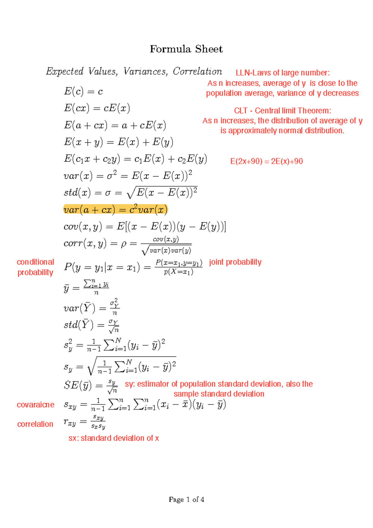 Econometrics I: Formula Sheet with Key Concepts & Notes - Studocu