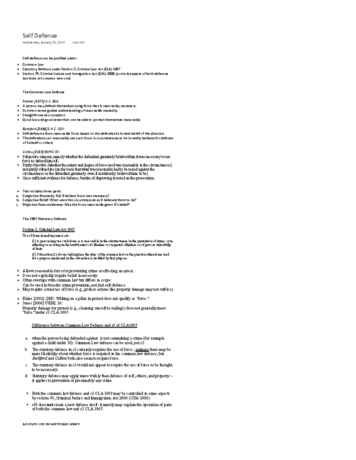Self Defense: Common Law & Statutory Framework Analysis (CLA 1967, CJIA ...