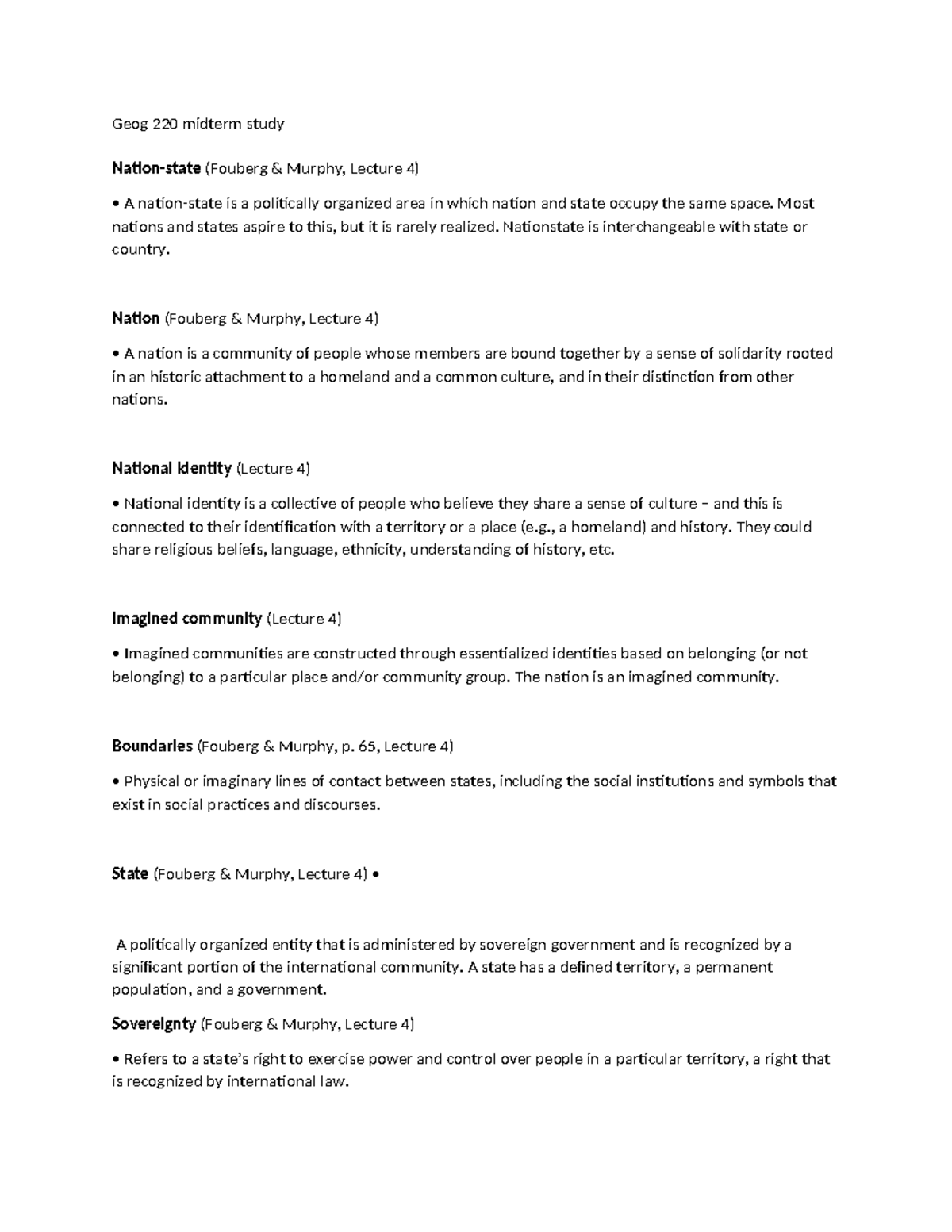 Geog 220 Midterm Study Notes: Key Concepts and Definitions - Studocu