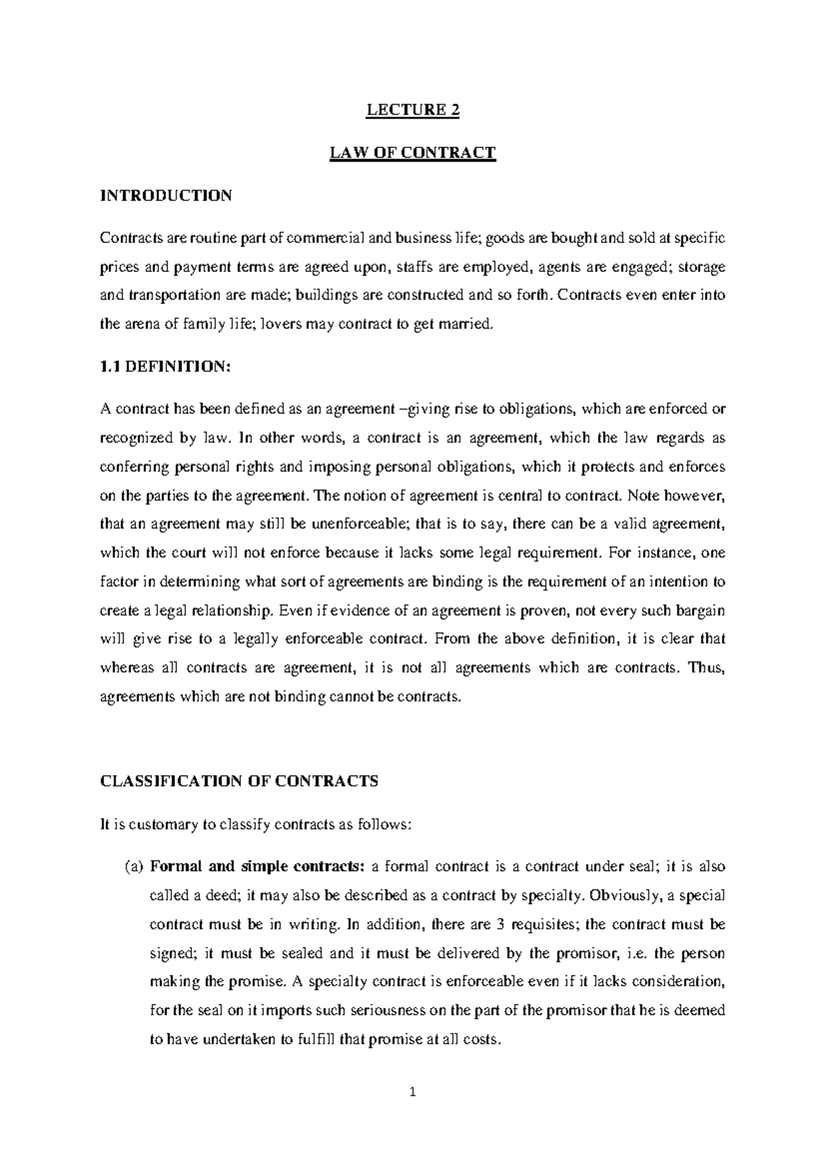 PROF Business & Corporate LAW I Lecture 2: Introduction to Contracts ...