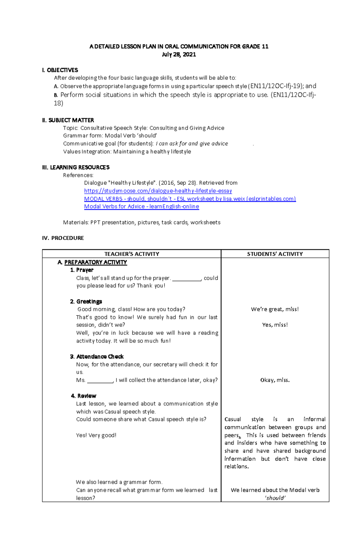 A Detailed Lesson Plan in Oral Communication (EN11/12OC-Ifj-19) - Studocu
