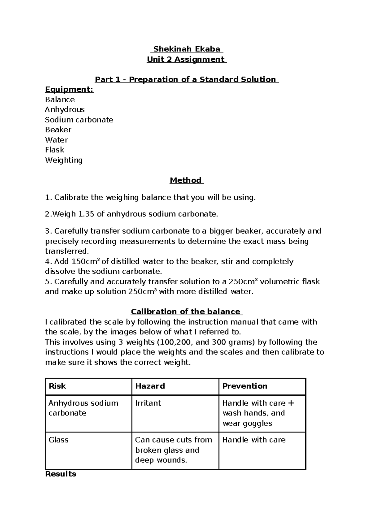 BTEC Chemistry Unit 2 Assignment: Standard Solution Preparation and ...