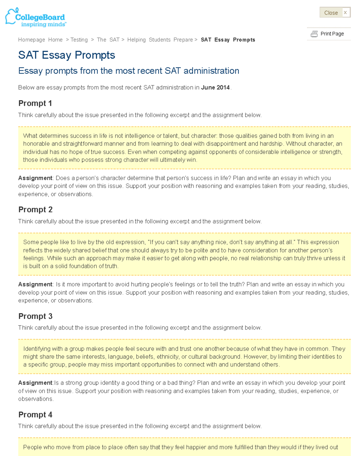 College Board, SAT Essay Prompts (Old Test) - Print Page Homepage Home ...