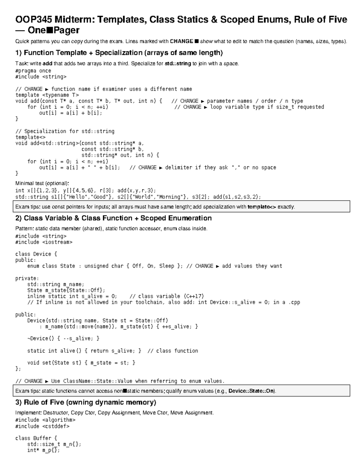 OOP345 Midterm Cheat Sheet: Templates, Class Statics & Rule of Five ...