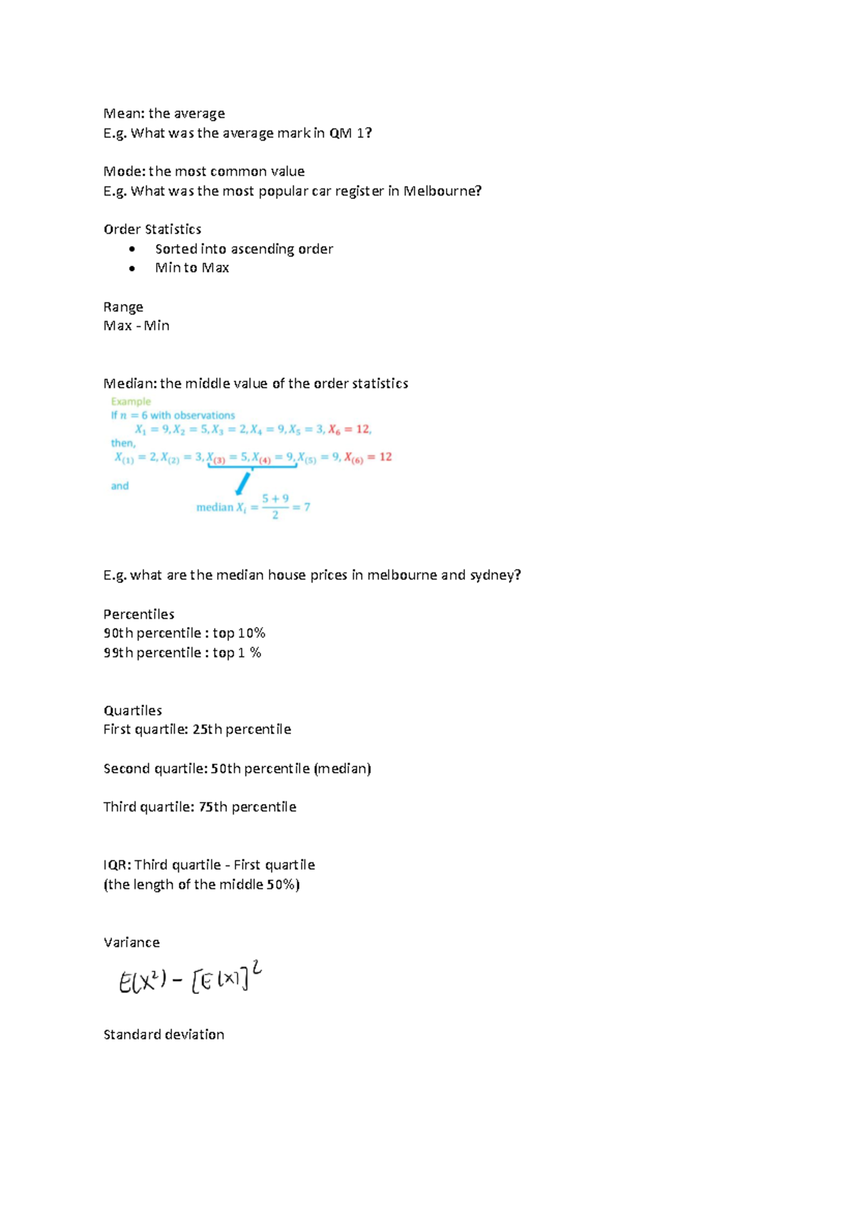 QM1 Wk 1 Notes - Mean: the average E. What was the average mark in QM 1 ...