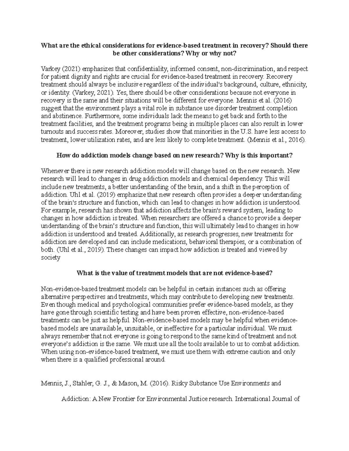 PSY 303 Discussion 2: Ethical Considerations in Evidence-Based Recovery ...
