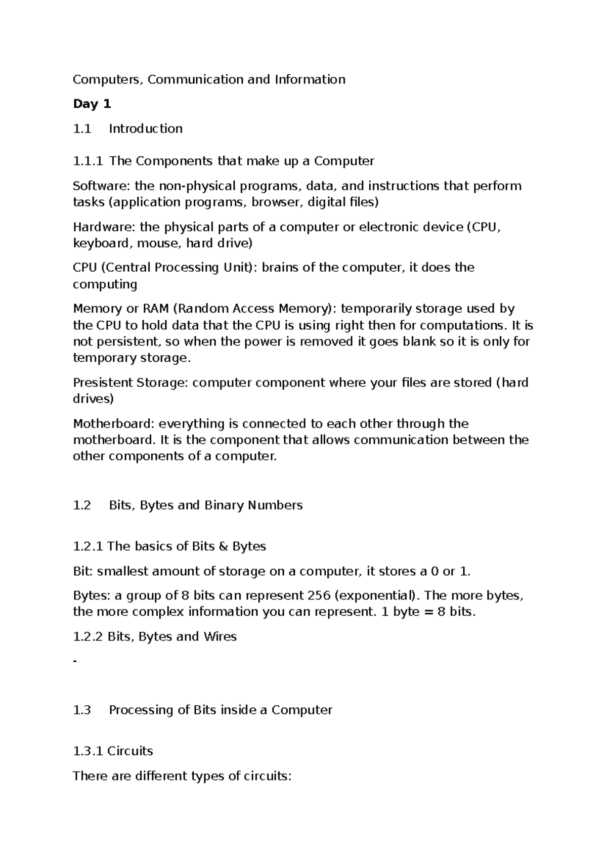 GSw D - Computers, Communication & Info: Day 1 Summary - Studeersnel