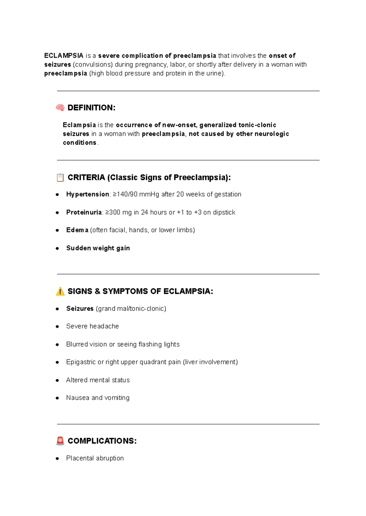 ECL 101: Eclampsia Overview and Management Guidelines - Studocu