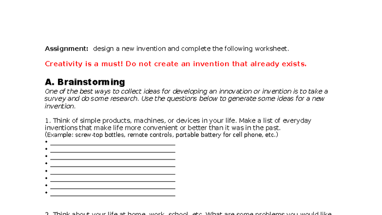 Assignment: Invention Worksheet for Creative Design - Studocu