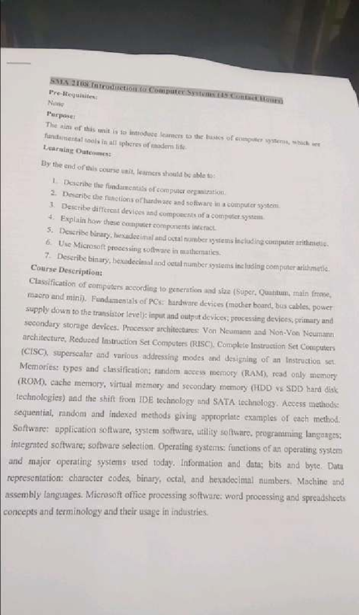 SMA 2108 Introduction to Computer Systems Course Outline - Studocu